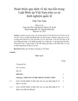 Hoàn thiện quy định về tội rửa tiền trong Luật Hình sự Việt Nam trên cơ sở kinh nghiệm quốc tế