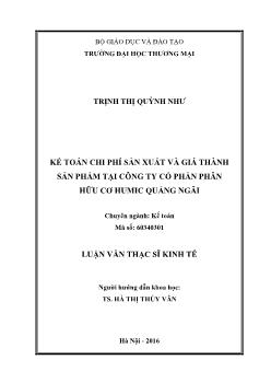 Luận văn Kế toán chi phí sản xuất và giá thành sản phẩm tại công ty cổ phần phân hữu cơ humic Quảng Ngãi