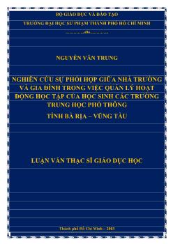 Luận văn Nghiên cứu sự phối hợp giữa nhà trường và gia đình trong việc quản lý hoạt động học tập của học sinh các trường trung học phổ thông tỉnh Bà rịa – Vũng Tàu