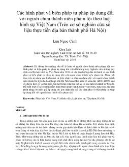 Các hình phạt và biện pháp tư pháp áp dụng đối với người chưa thành niên phạm tội theo luật hình sự Việt Nam (Trên cơ sở nghiên cứu số liệu thực tiễn địa bàn thành phố Hà Nội)