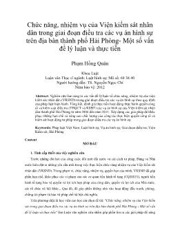 Chức năng, nhiệm vụ của Viện kiểm sát nhân dân trong giai đoạn điều tra các vụ án hình sự trên địa bàn thành phố Hải Phòng - Một số vấn đề lý luận và thực tiễn