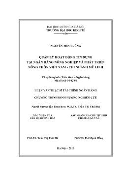 Luận văn Quản lý hoạt động tín dụng tại ngân hàng nông nghiệp và phát triển nông thôn Việt Nam - Chi nhánh Mê Linh