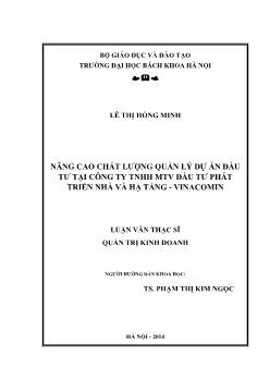 Nâng cao chất lượng quản lý dự án đầu tư tại công ty TNHH MTV đầu tư phát triển nhà và hạ tầng - Vinacomin