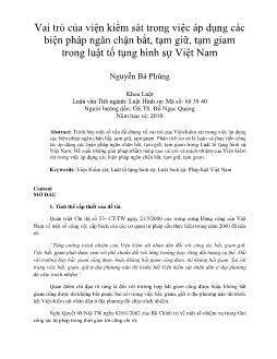 Vai trò của viện kiểm sát trong việc áp dụng các biện pháp ngăn chặn bắt, tạm giữ, tạm giam trong luật tố tụng hình sự Việt Nam