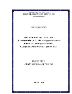 Luận án Đặc điểm sinh học, sinh thái của loài châu chấu mía Hieroglyphus tonkinensis Bolivar, 1912 (Orthoptera: Acrididae) và biện pháp phòng trừ tại Hòa Bình