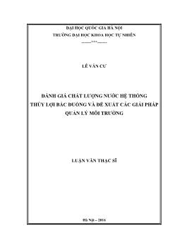 Luận văn Đánh giá chất lượng nước hệ thống thủy lợi bắc đuống và đề xuất các giải pháp quản lý môi trường