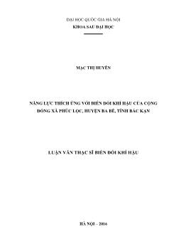 Luận văn Năng lực thích ứng với biến đổi khí hậu của cộng đồng xã Phúc lộc, huyện Ba bể, tỉnh Bắc Kạn