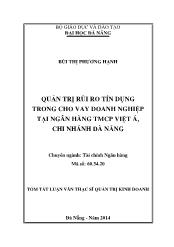 Tóm tắt Luận văn Quản trị rủi ro tín dụng trong cho vay doanh nghiệp tại ngân hàng TMCP Việt Á, chi nhánh Đà Nẵng