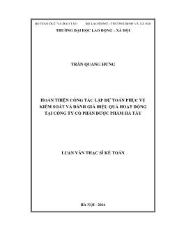 Luận văn Hoàn thiện công tác lập dự toán phục vụ kiểm soát và đánh giá hiệu quả hoạt động tại công ty cổ phần dược phẩm Hà Tây