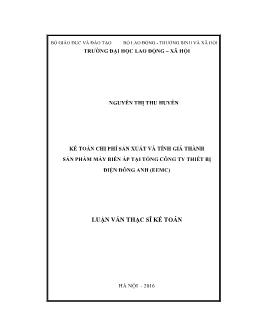 Luận văn Kế toán chi phí sản xuất và tính giá thành sản phẩm máy biến áp tại Tổng Công ty Thiết bị điện Đông Anh (EEMC)
