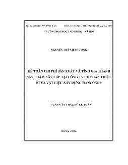 Luận văn Kế toán chi phí sản xuất và tính giá thành sản phẩm xây lắp tại công ty cổ phần Thiết bị và Vật liệu xây dựng Hancorp