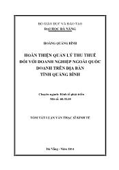 Tóm tắt Luận văn Hoàn thiện quản lý thu thuế đối với doanh nghiệp ngoài quốc doanh trên địa bàn tỉnh Quảng Bình