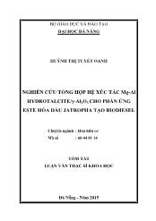 Tóm tắt Luận văn Nghiên cứu tổng hợp hệ xúc tác Mg-Al hidrotalcite/ γ-Al2O3 cho phản ứng ester hóa dầu Jatropha tạo biodiesel