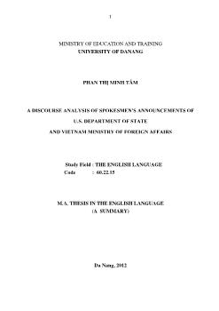 Tóm tắt Luận văn A discourse analysis of spokesmen’s announcements of u.s. department of state and vietnam ministry of foreign affairs