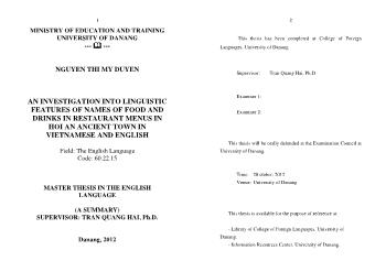 Tóm tắt Luận văn An investigation into linguistic features of names of food and drinks in restaurant menus in hoi an ancient town in Vietnamese and English