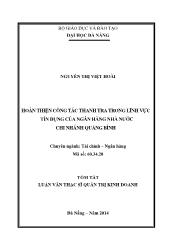 Tóm tắt Luận văn Hoàn thiện công tác Thanh tra trong lĩnh vực tín dụng của Ngân hàng Nhà nước – chi nhánh Quảng Bình