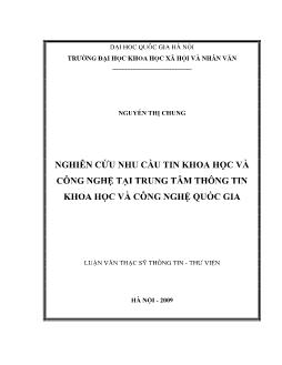 Tóm tắt Luận văn Nghiên cứu nhu cầu tin khoa học và công nghệ tại trung tâm thông tin khoa học và công nghệ quốc gia