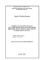 Tóm tắt Luận án Nghiên cứu tổ chức kế toán quản trị chi phí trong doanh nghiệp khai thác than, áp dụng cho Công ty cổ phần Than Cao Sơn