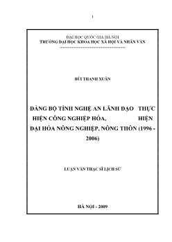 Tóm tắt Luận văn Đảng bộ tỉnh Nghệ An lãnh đạo thực hiện công nghiệp hóa, hiện đại hóa nông nghiệp, nông thôn (1996 - 2006)