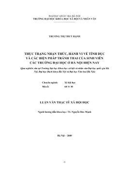 Tóm tắt Luận văn Thực trạng nhận thức, hành vi về tình dục và các biện pháp tránh thai của sinh viên các trường đại học ở Hà Nội hiện nay