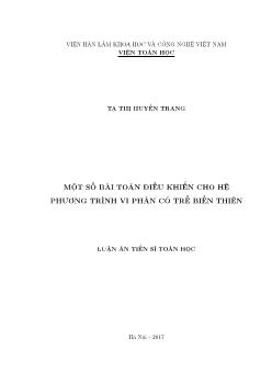 Luận án Một số bài toán điều khiển cho hệ phương trình vi phân có trễ biến thiên - Tạ Thị Huyền Trang