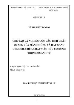 Tóm tắt Luận án Chế tạo và nghiên cứu các tính chất quang của màng mỏng và hạt Nano Ormosil chứa chất màu hữu cơ dùng trong quang tử - Vũ Thị Thùy Dương