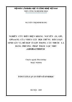 Tóm tắt  Luận án Nghiên cứu biểu hiện kháng nguyên (M, GP5, GP5ectoM) của virus gây hội chứng rối loạn sinh sản và hô hấp ở lợn trong cây thuốc lá bằng phương pháp thẩm lọc nhờ Agrobacterium - Nguyễn Thị Minh Hằng