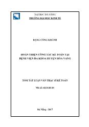 Tóm tắt Luận văn Hoàn thiện công tác kế toán tại bệnh viện Đa khoa huyện Hòa Vang - Đặng Công Khánh