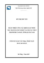 Tóm tắt Luận văn Hoàn thiện công tác kiểm soát thuế thu nhập doanh nghiệp tại chi cục thuế thành phố Tam Kỳ, tỉnh Quảng Nam - Bùi Thị Như Yến