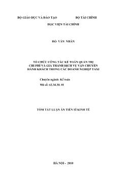 Luận án Tổ chức công tác kế toán quản trị chi phí và giá thành dịch vụ vận chuyển hành khách trong các doanh nghiệp taxi