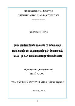 Tóm tắt Luận án Quản lý liên kết đào tạo giữa các co sở giáo dục nghề nghiệp với doanh nghiệp đáp ứng nhu cầu nhân lực các khu công nghiệp tỉnh Đồng Nai