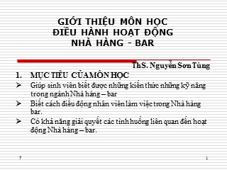 Bài giảng Điều hành hoạt động nhà hàng, bar - Giới thiệu môn học - Nguyễn Sơn Tùng