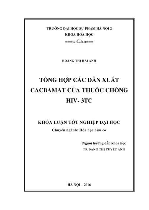 Khóa luận Tổng hợp các dẫn xuất cacbamat của thuốc chống hiv - 3TC