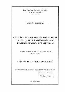 Luận văn Cải cách doanh nghiệp nhà nước ở Trung Quốc và những bài học kinh nghiệm đối với Việt Nam