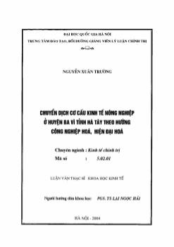 Luận văn Chuyên dịch cơ càu kinh tế nông nghiệp ở huyện Ba Vi - Hà Táy theo hướng công nghiệp hoá, hiện đại hoá