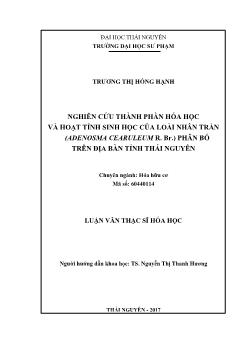 Luận văn Nghiên cứu thành phần hóa học và hoạt tính sinh học của loài nhân trần (adenosma cearuleum r. br.) phân bố trên địa bàn tỉnh Thái Nguyên