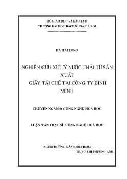 Luận văn Nghiên cứu xử lý nước thảI từ sản xuất giấy táI chế tại công ty Bình Minh