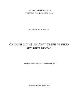 Luận văn Ôn định mũ hệ phương trình vi phân suy biến dương