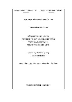 Tóm tắt Luận văn Năng lực quản lý của chủ tịch ủy ban nhân dân phường trên địa bàn quận 11 thành phố Hồ Chí Minh