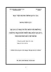 Tóm tắt Luận văn Quản lý nhà nước đối với phòng, chống mại dâm trên địa bàn quận 1, thành phố Hồ Chí Minh