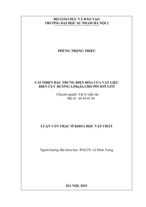 Luận văn Cải thiện đặc trưng điện hóa của vật liệu điện cực dương LiMn2O4 cho pin ion liti