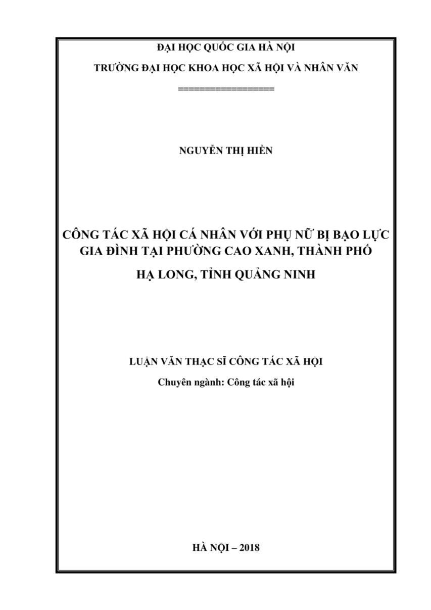 Luận văn Công tác xã hội cá nhân với phụ nữ bị bạo lục gia đình tại phường Cao Xanh, thành phố Hạ Long, tỉnh Quảng Ninh