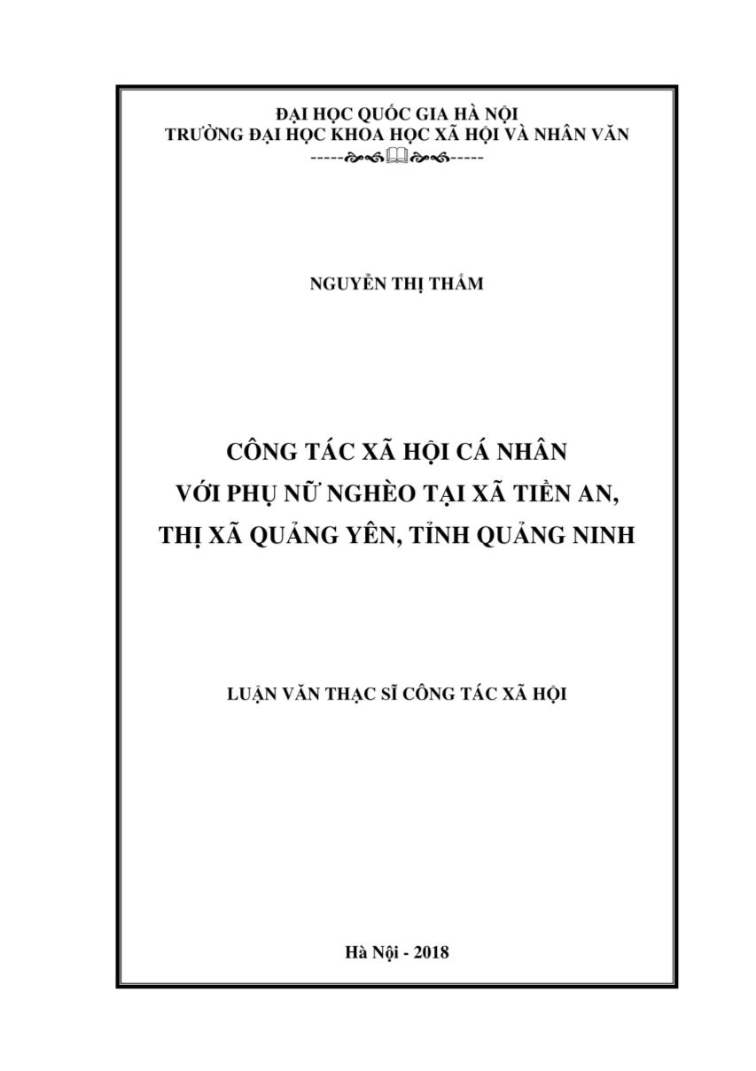 Luận văn Công tác xã hội cá nhân với phụ nữ nghèo tại xã Tiền An, thị xã Quảng Yên, tỉnh Quảng Ninh