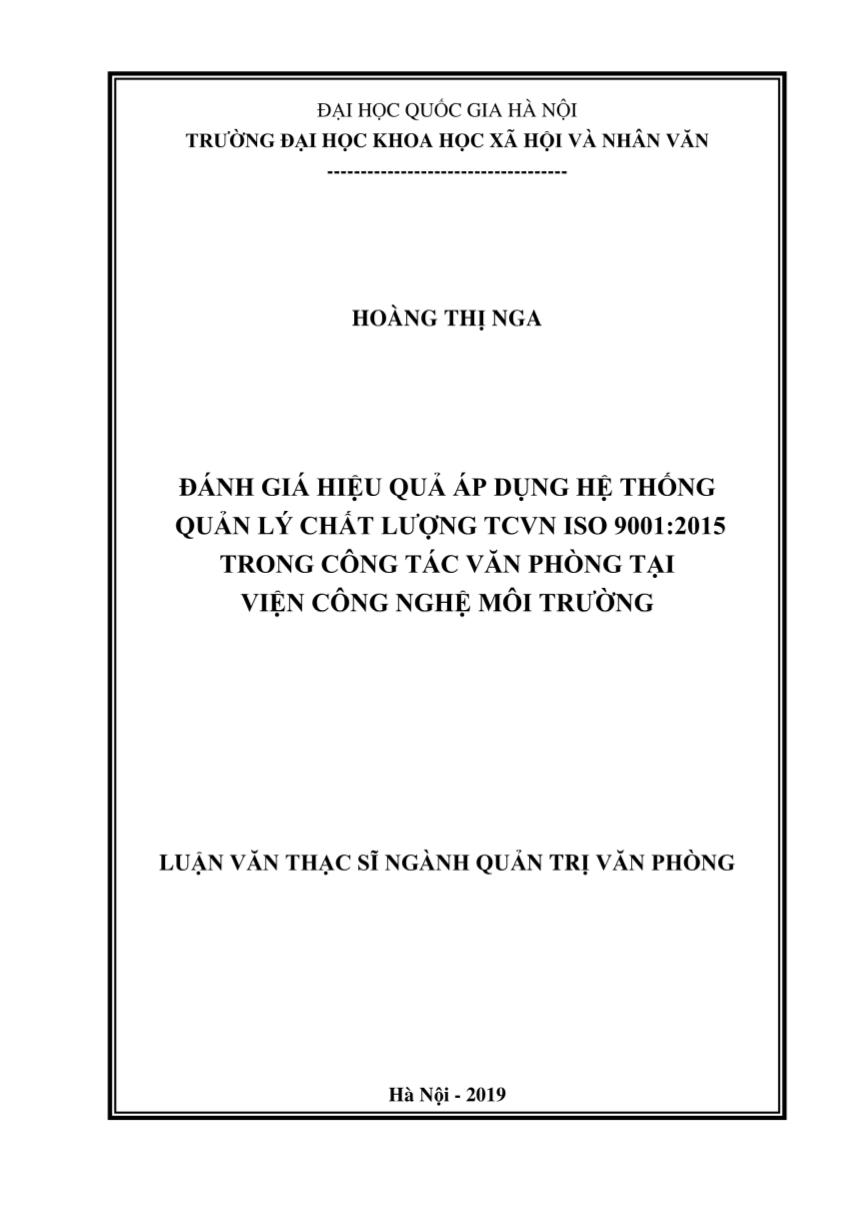 Luận văn Đánh giá hiệu quả áp dụng hệ thống quản lý chất luợng TCVN ISO 9001 : 2015 trong công tác văn phòng tại viện công nghệ môi trường