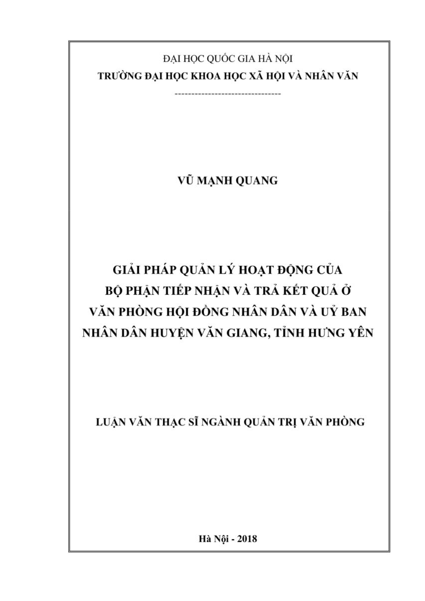 Luận văn Giải pháp quản lý hoạt động của bộ phận tiếp nhận và trả két quả ở vàn phòng hội dồng nhân dân và uỷ ban nhân dân huyện Văn Giang, tỉnh Hưng Yên