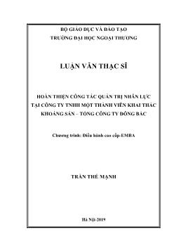 Luận văn Hoàn thiện công tác quản trị nhân lực tại công ty TNHH một thành viên khai thác khoáng sản – Tổng công ty Đông Bắc