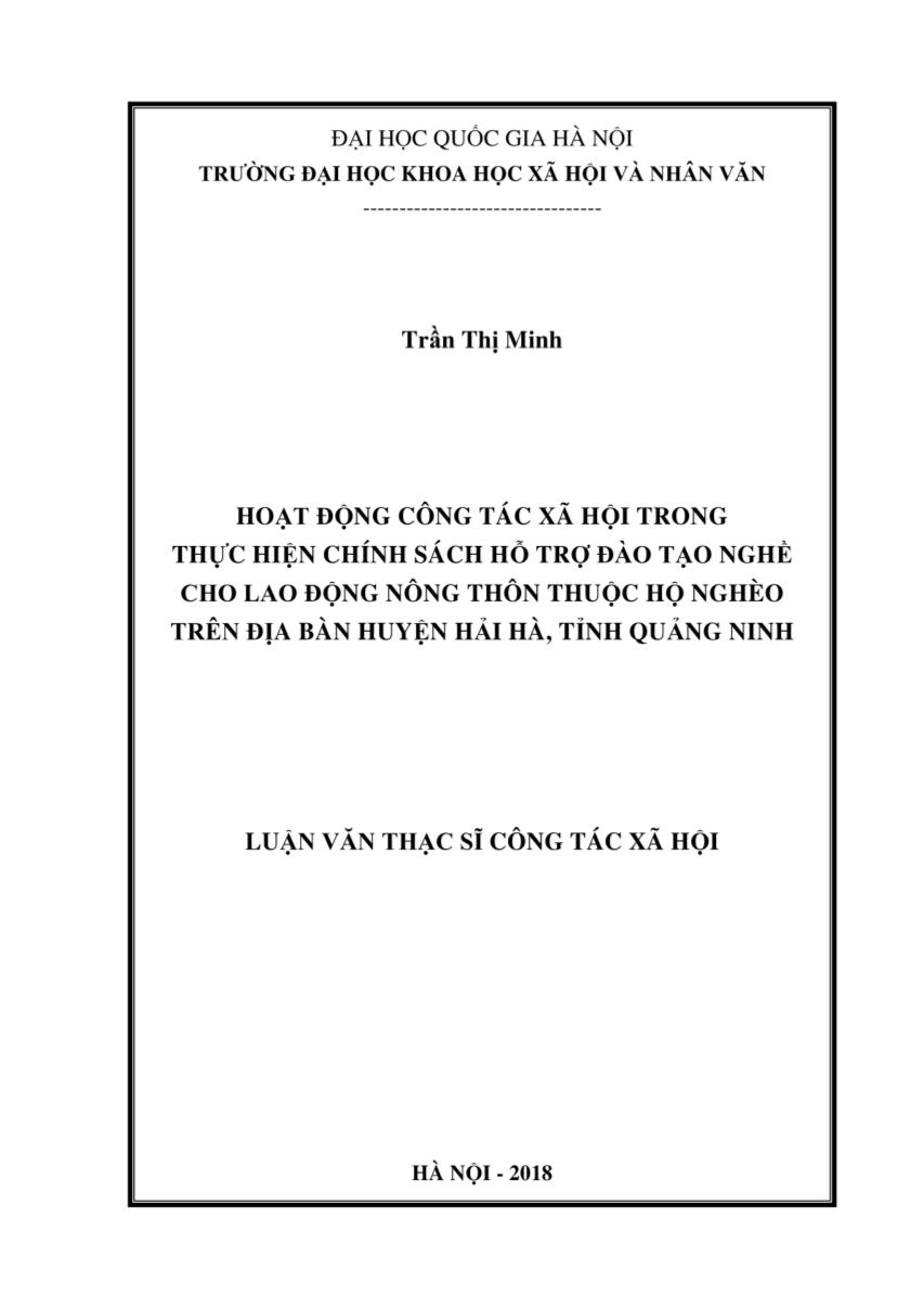 Luận văn Hoạt động công tác xã hội trong thực hiện chính sách hỗ trợ đào tạo nghề cho lao động nông thôn thuộc hộ nghèo trên địa bàn huyện Hải Hà, tỉnh Quảng Ninh