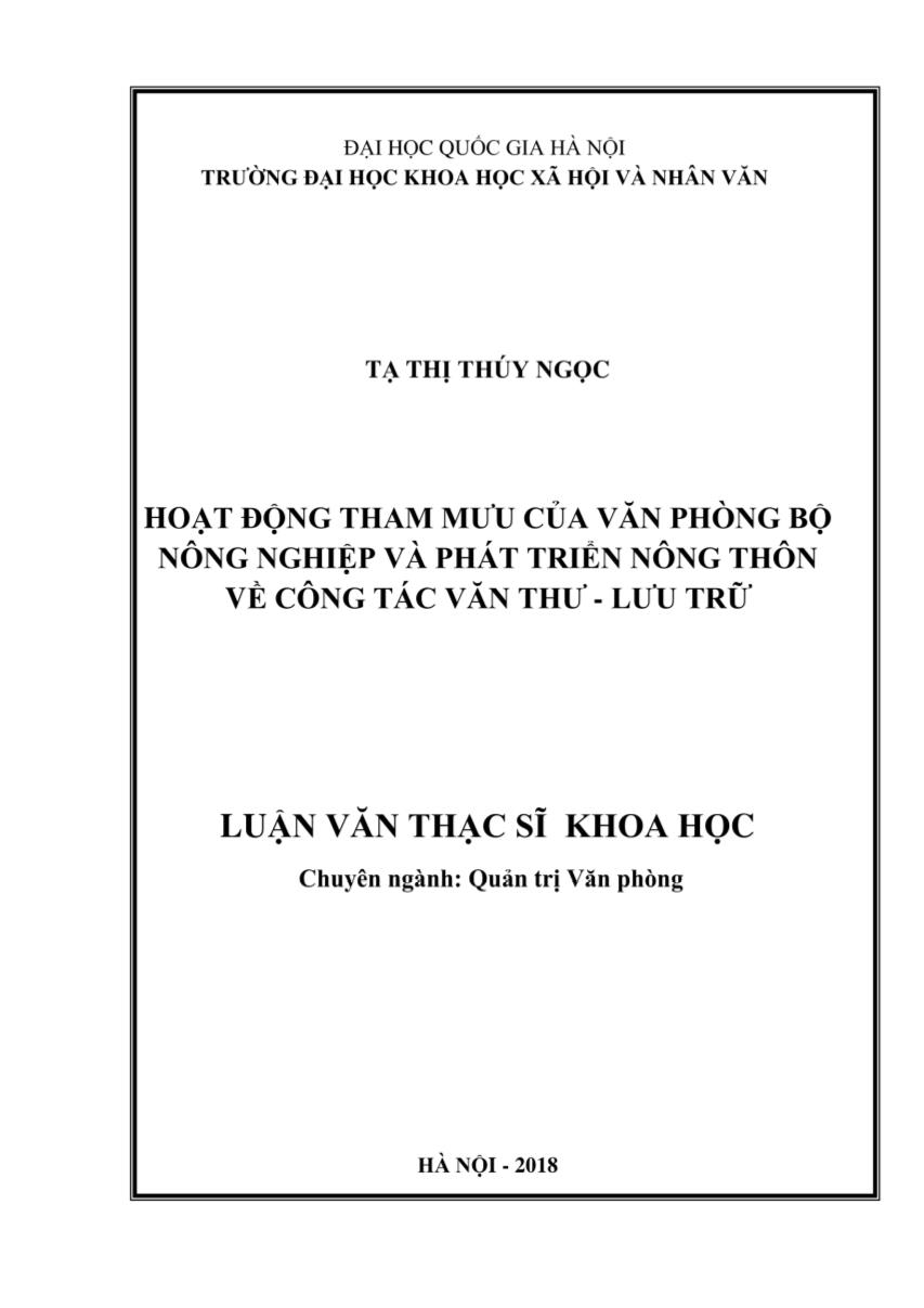 Luận văn Hoạt động tham mưu của văn phòng bộ nông nghiệp và phát triển nông thôn về công tác văn thư - Lưu trữ