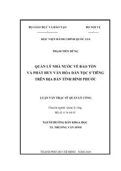 Luận văn Quản lý nhà nước về bảo tồn và phát huy văn hóa dân tộc S’tiêng trên địa bàn tỉnh Bình Phước