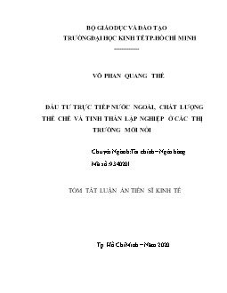 Tóm tắt Luận án Đầu tư trực tiếp nước ngoài, chất lượng thể chế và tinh thần lập nghiệp ở các thị trường mới nổi